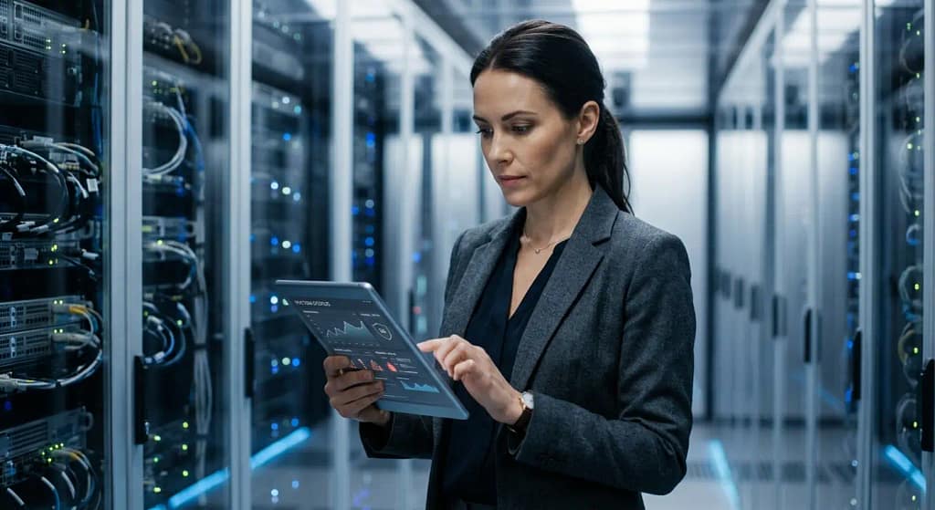 Directiva de seguridad informática revisando normativas en una tableta dentro de un centro de datos.