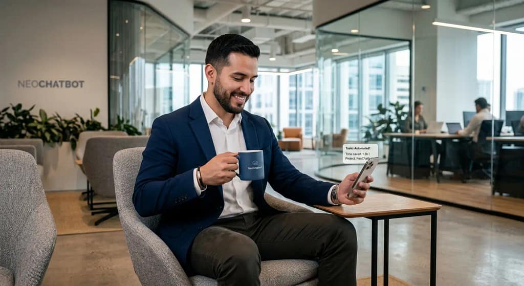 Profesional satisfecho con café y móvil en oficina moderna, simbolizando el éxito de la atención automatizada.