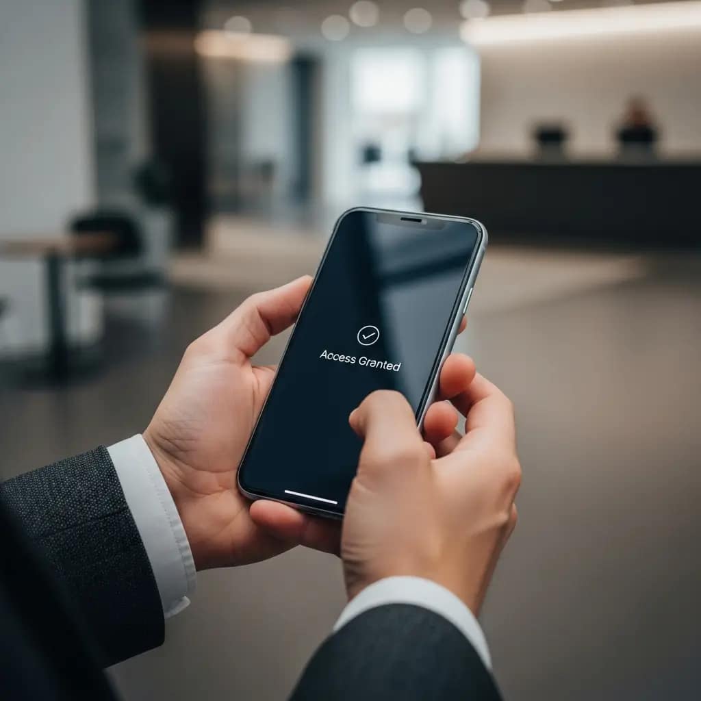 Manos de profesional sujetando un móvil con confirmación de acceso seguro en una oficina de diseño minimalista.