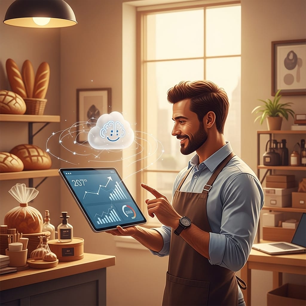 Empresario sonriente mira pantalla con gráficos de datos positivos, interfaz IA amigable flotando, ambiente moderno y optimista.