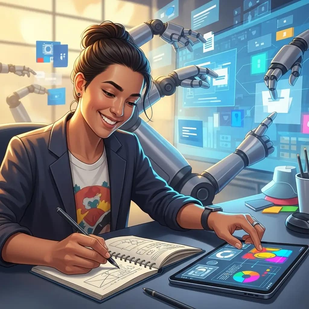 Humano sonriente en tareas creativas, brazos robóticos manejan lo repetitivo. Muestra empoderamiento por la automatización de procesos.