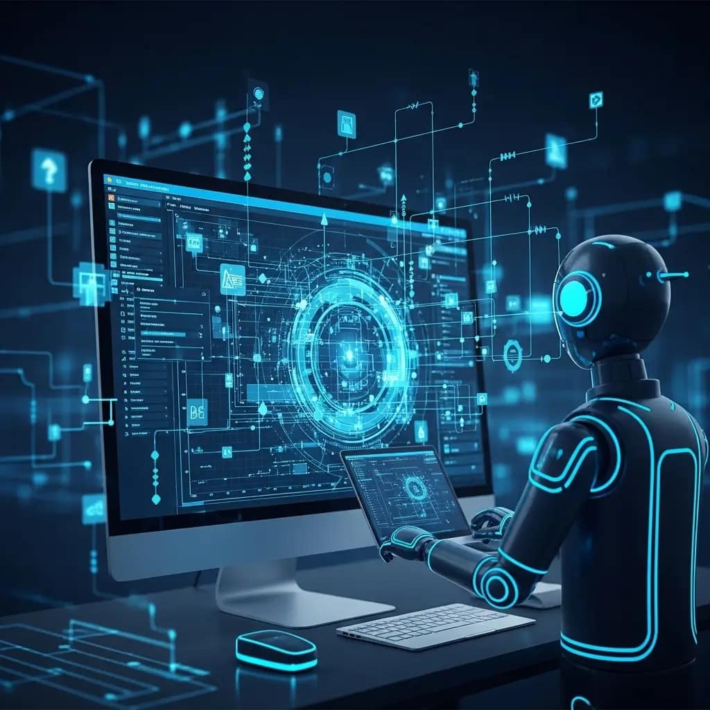 Bot de software en entorno digital, simulando clics y flujo de datos. Representa la eficiencia y velocidad de la automatización de procesos robóticos.