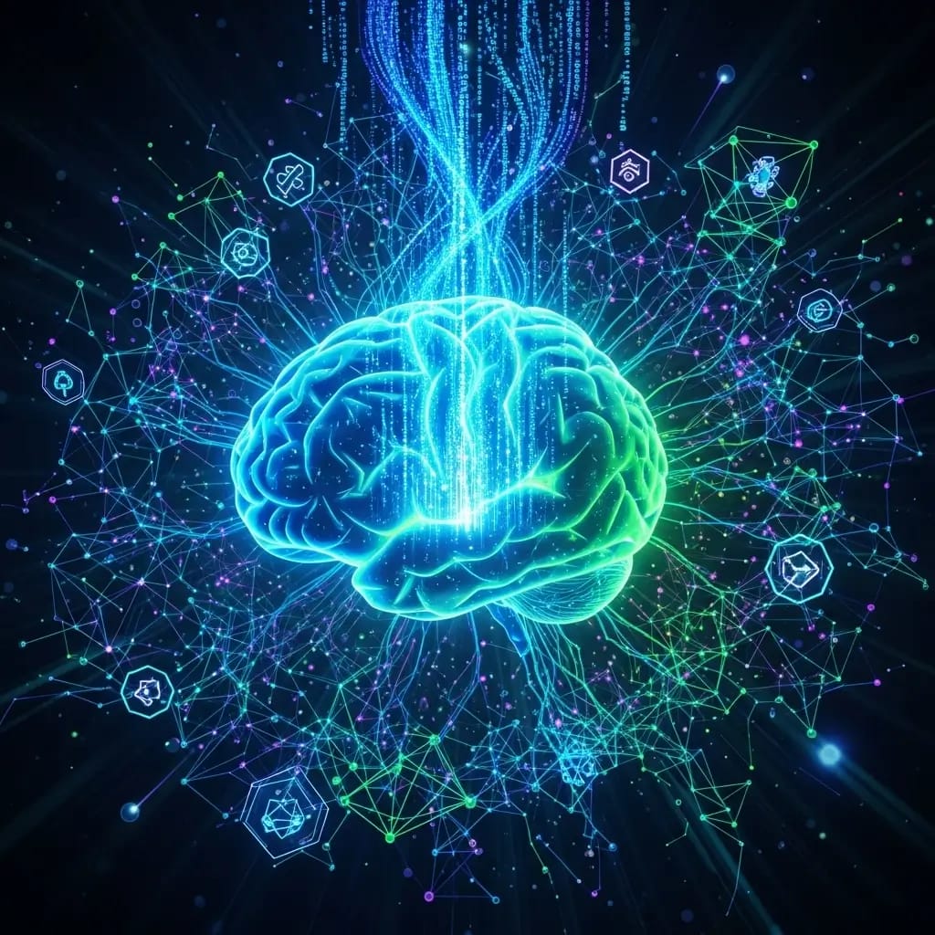 Cerebro estilizado fusiona Big Data y Machine Learning con redes neuronales, guiando decisiones estratégicas con IA.