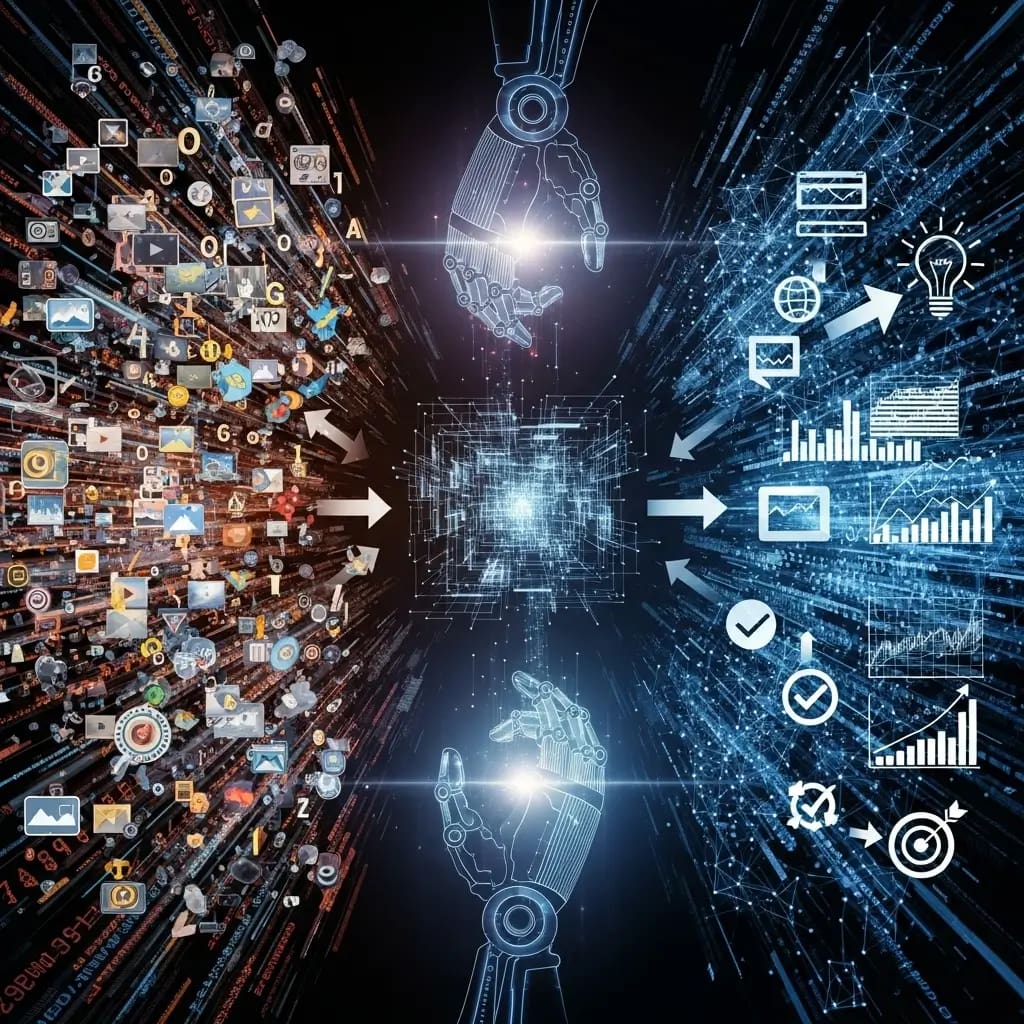Ilustración del Machine Learning transformando Big Data caótico en patrones claros y decisiones inteligentes, optimizando el análisis con IA.