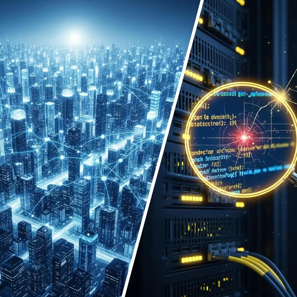 Visual dividido: ciudad digital interconectada para auditorías de seguridad y rack con lupa para análisis de vulnerabilidades.