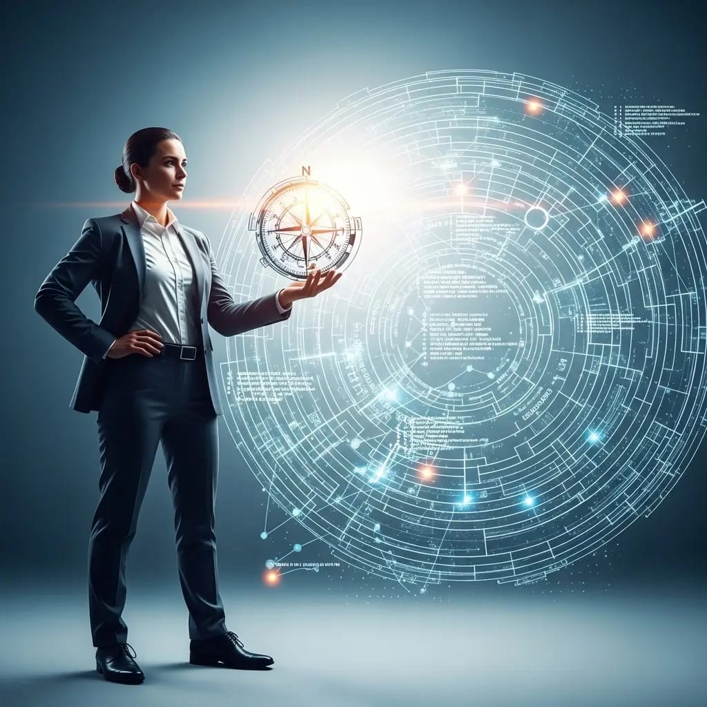 Profesional neutral experto en protección de datos, guiando a través de un complejo mapa de regulaciones RGPD con una brújula de luz.