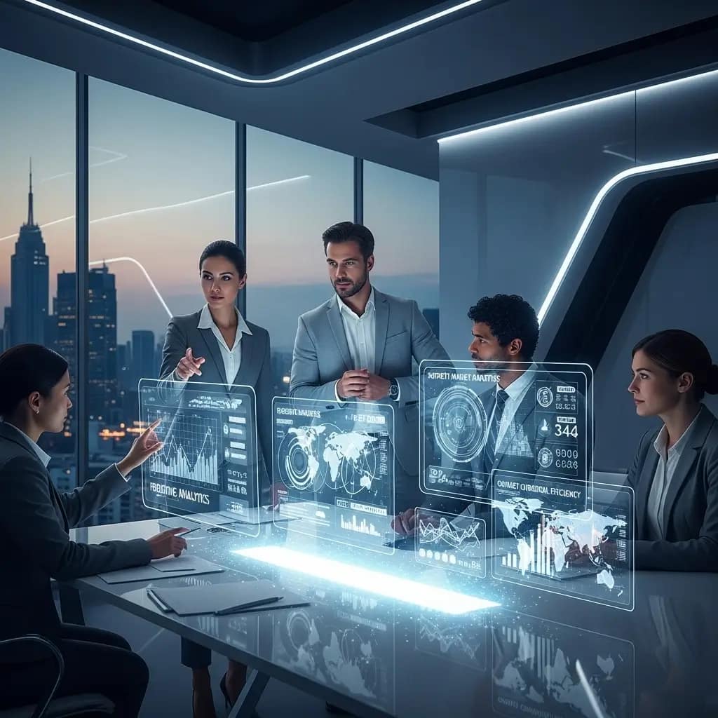 Ejecutivos futuristas toman decisiones con datos predictivos de IA y Big Data en pantallas holográficas.