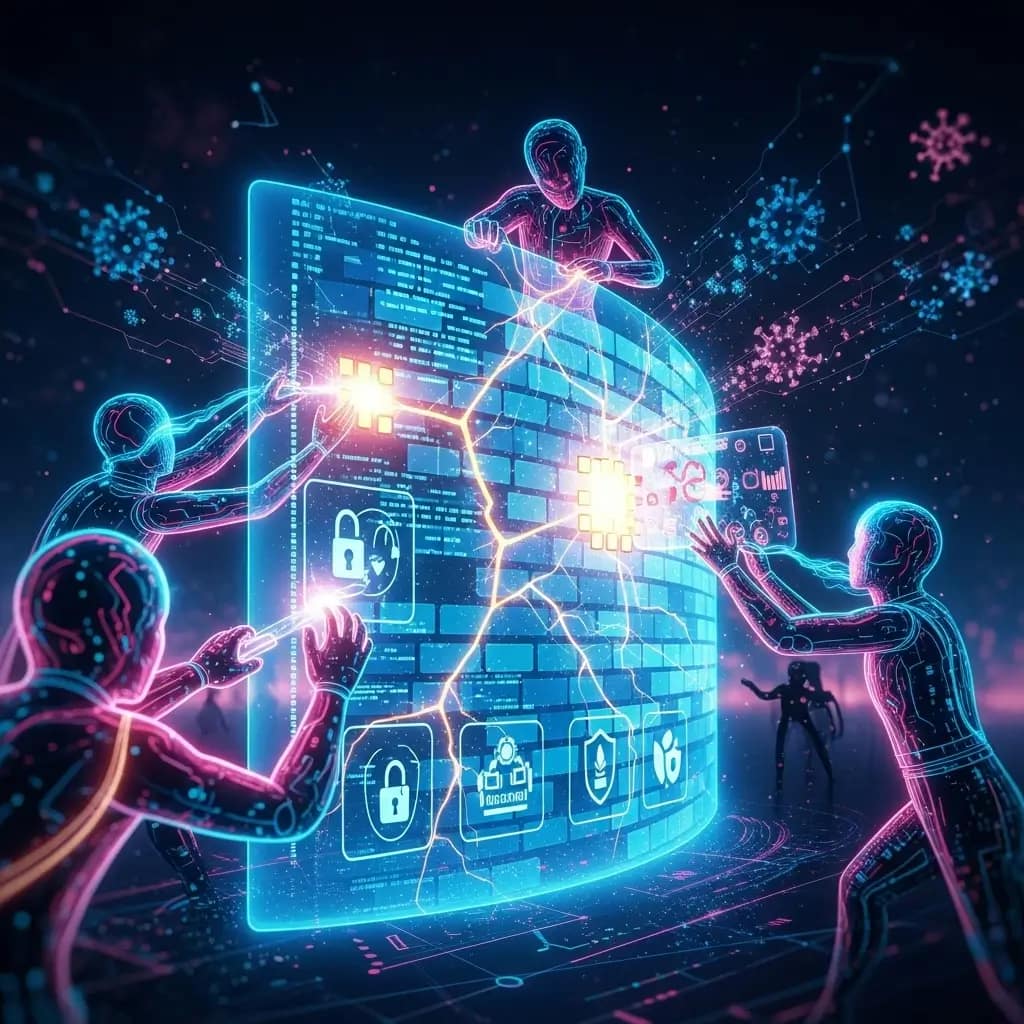 Manos robóticas reparan un firewall digital con grietas, fortaleciendo la seguridad con autenticación multifactor y software seguro.