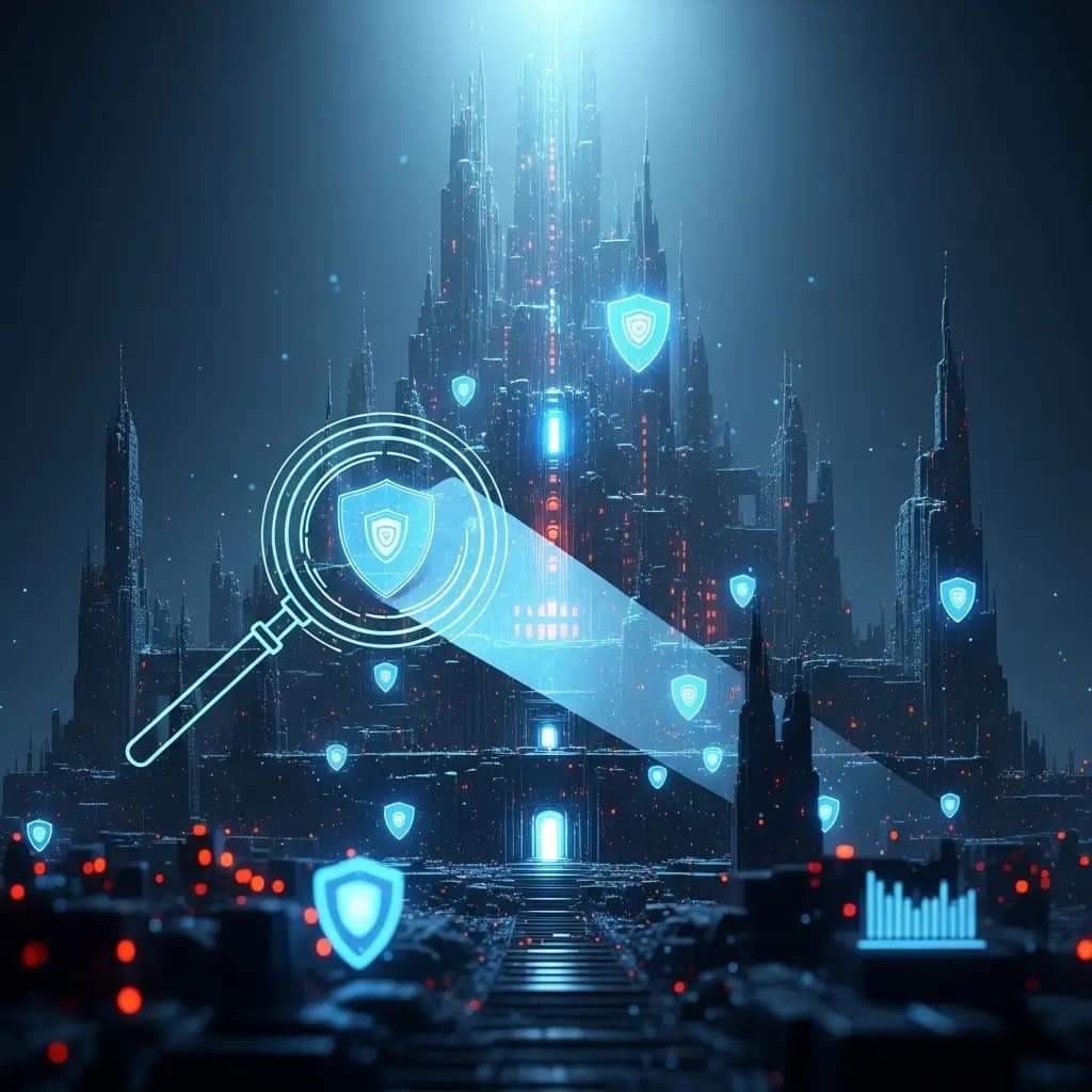Fortaleza digital futurista con escudos de datos y lupa estilizada que audita sistemas para detectar vulnerabilidades y riesgos de seguridad.