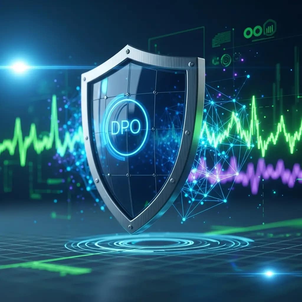 Escudo digital elegante con símbolo DPO resguardando una red de datos empresariales, transmitiendo seguridad en auditorías RGPD.