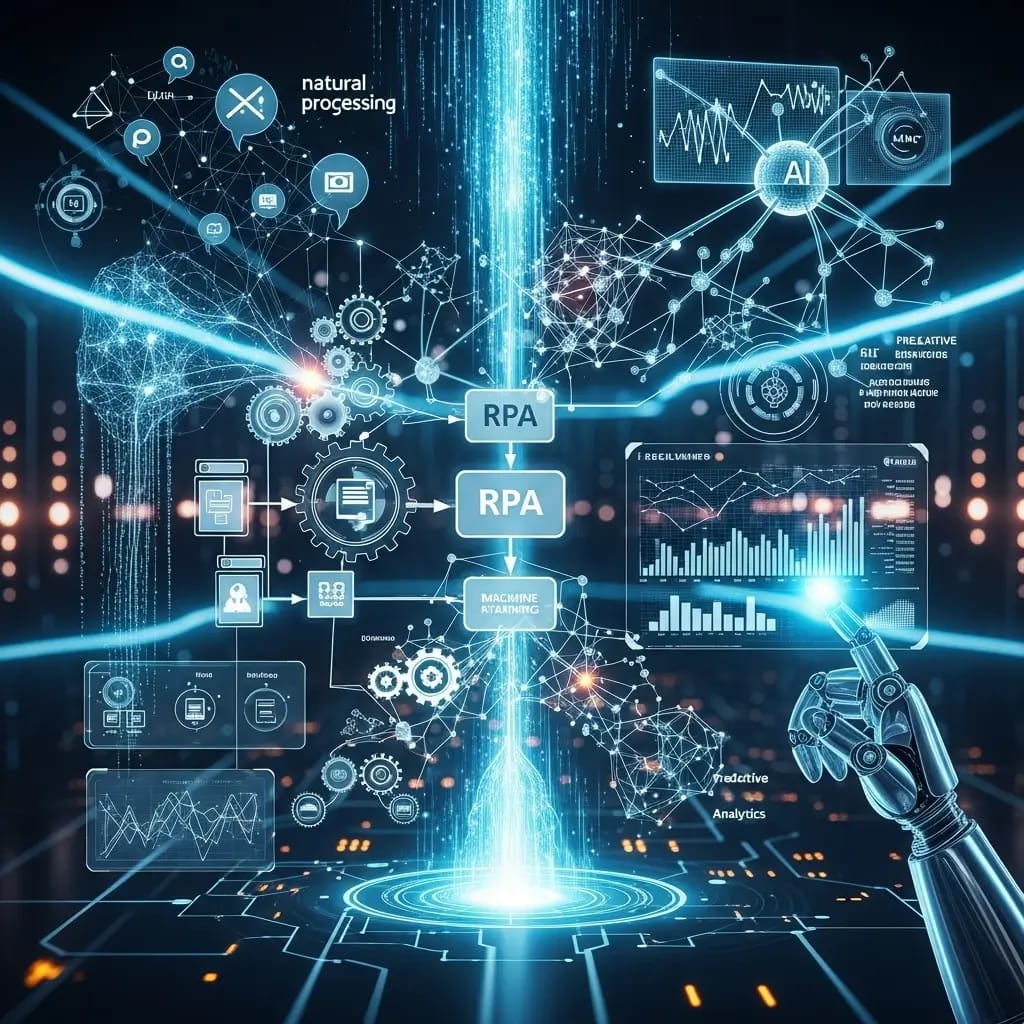 Engranajes de RPA y nodos de IA se entrelazan en una escena futurista, simbolizando la automatización inteligente y avanzada de procesos industriales.