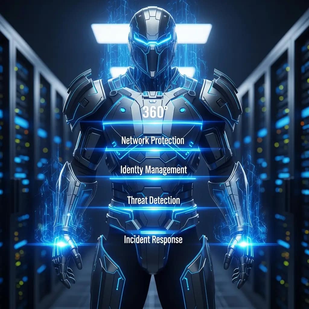 Figura con armadura digital multicapa que representa la ciberseguridad 360 integral, cubriendo protección de red, identidad y amenazas.