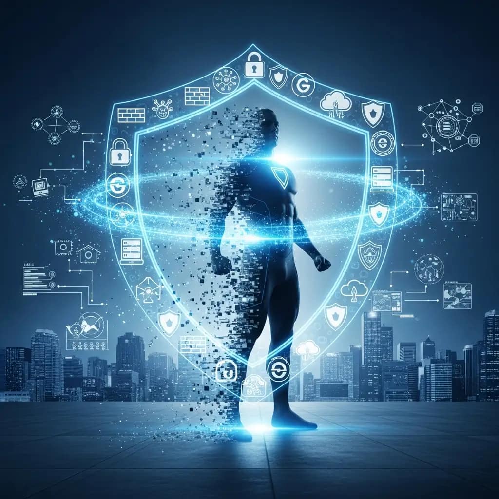 Una persona se transforma en un superhéroe de ciberseguridad con un escudo 360, simbolizando protección integral de datos y sistemas empresariales modernos.