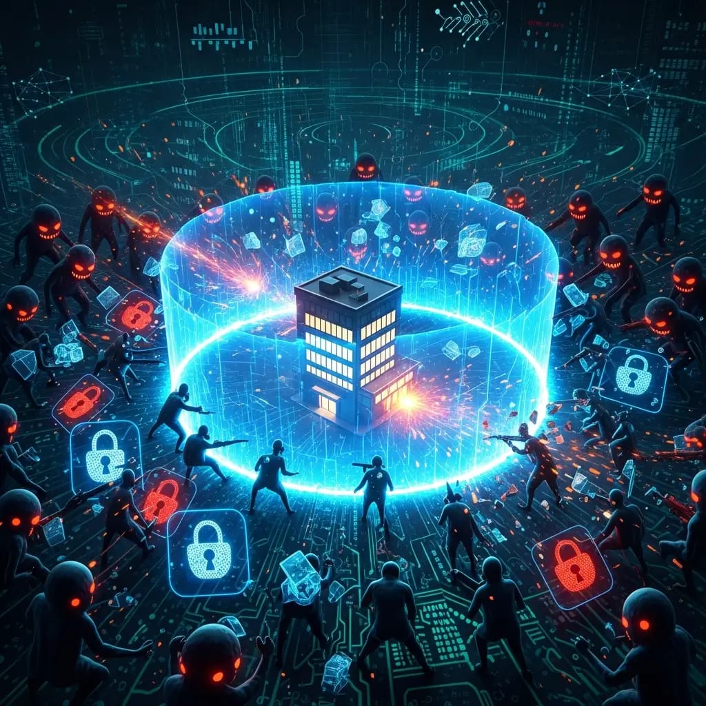 Campo de batalla digital donde ciberamenazas atacan una empresa, protegida por un robusto escudo de ciberseguridad integral.