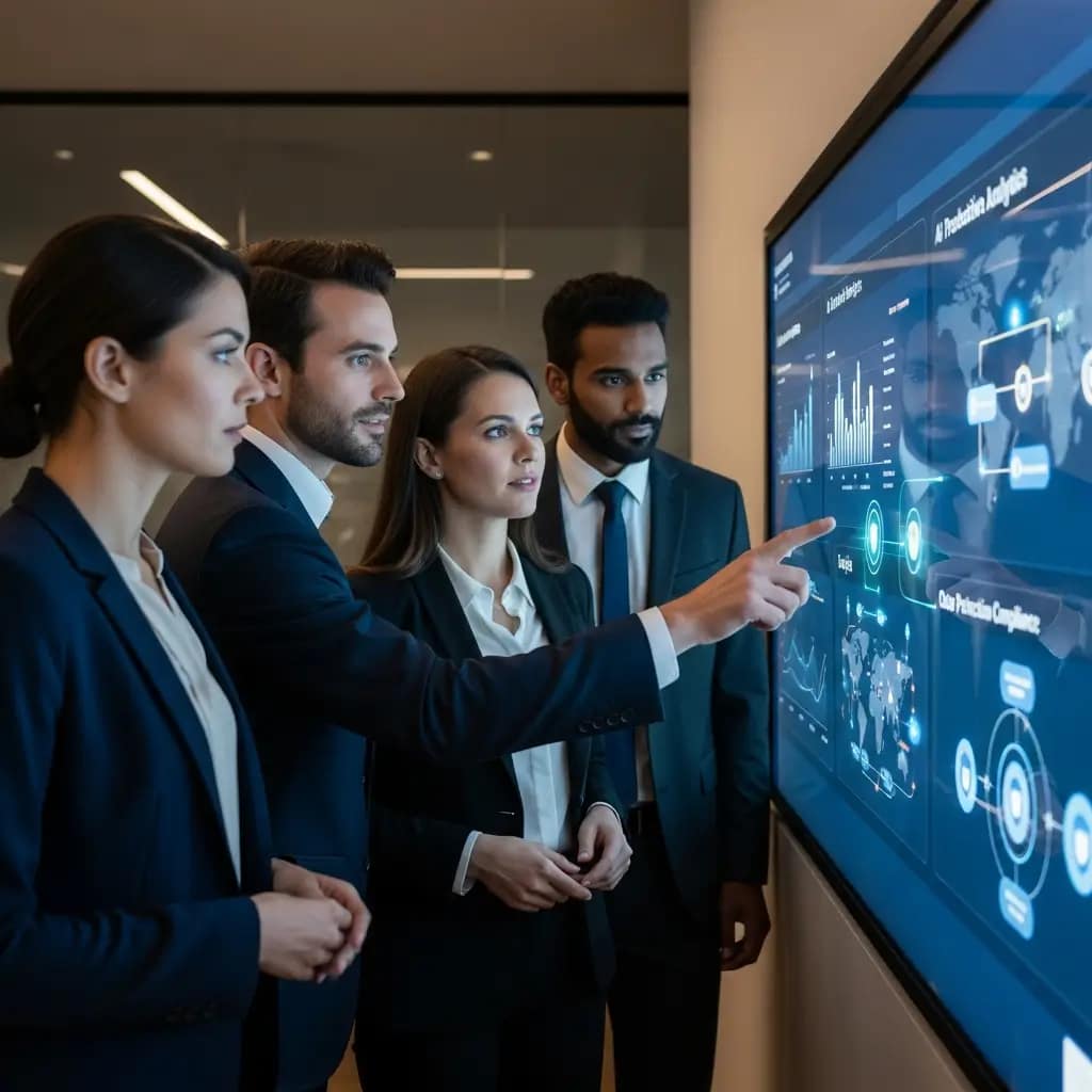 Cuatro profesionales colaboran en una sala moderna, interactuando con una pantalla táctil que muestra análisis de IA, ciberseguridad y datos.