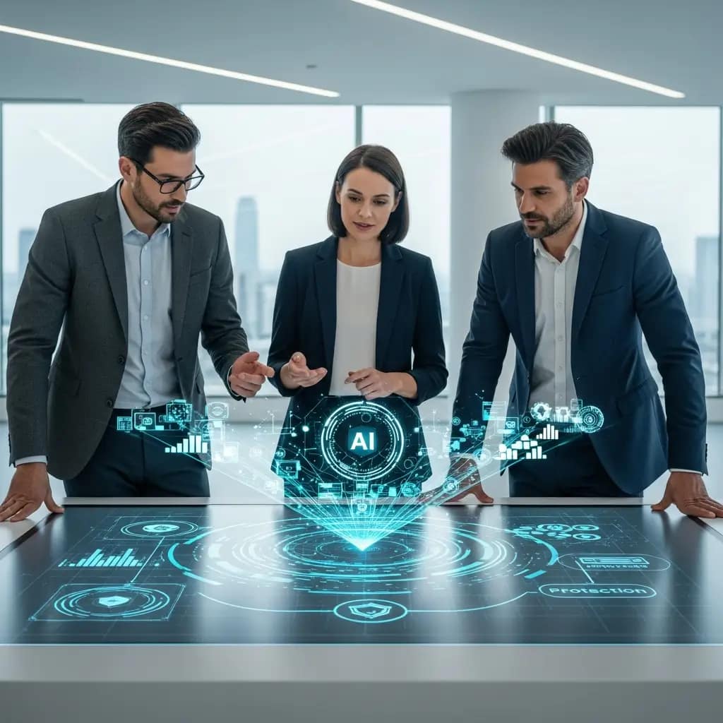Profesionales analizan datos de IA y ciberseguridad en mesa interactiva, simbolizando consultoría y transformación digital estratégica.