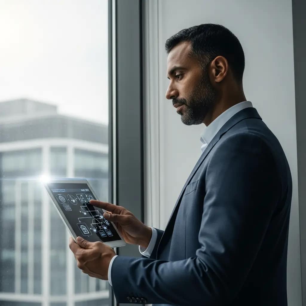 Profesional DPO de pie, analizando diagramas legales en una tablet con vista a un paisaje urbano moderno, simbolizando estrategia y cumplimiento normativo.