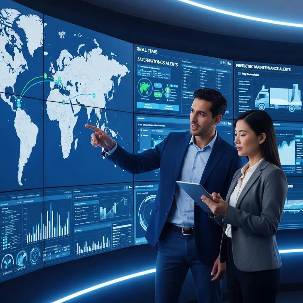 Gerentes en centro de control logístico. Optimizan cadena de suministro con IA. Él señala pantalla con rutas de envío.