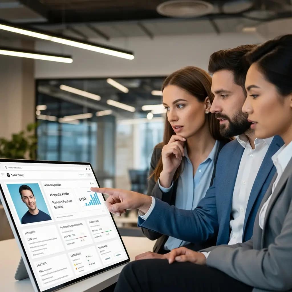 Tres profesionales de ventas diversos analizan perfiles de clientes y datos predictivos con IA en una interfaz CRM moderna.
