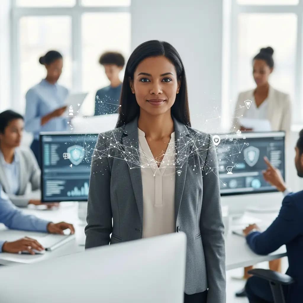 Mujer profesional en oficina moderna, transmitiendo confianza y profesionalismo en la gestión de datos empresariales.