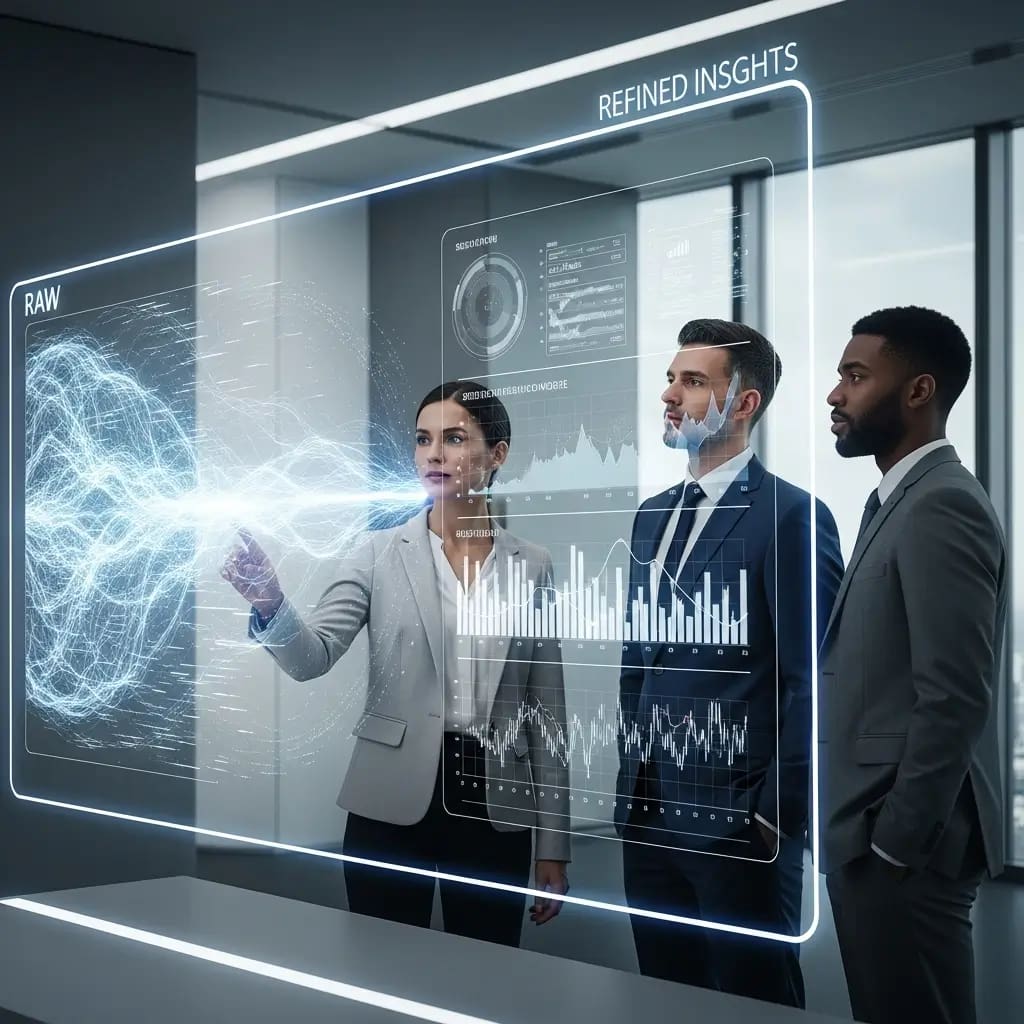 Equipo de ejecutivos analiza datos y modelos predictivos en pantalla holográfica, aplicando IA para decisiones empresariales clave.