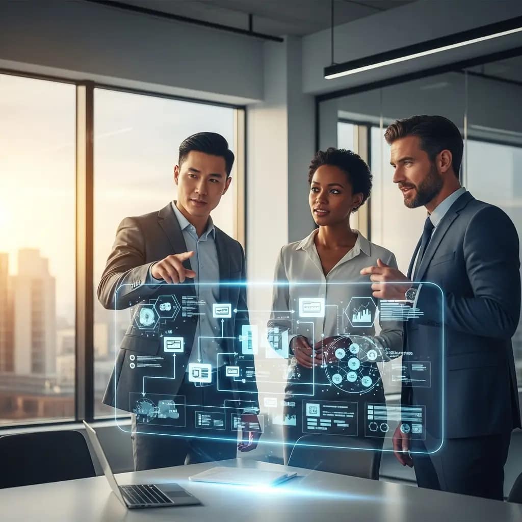 Profesionales diversos en sala moderna con vista urbana, colaboran con una proyección holográfica de datos y red segura al atardecer.