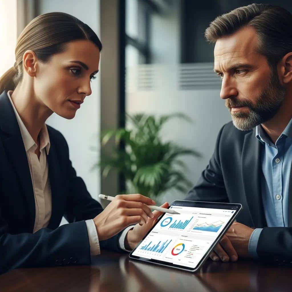 Consultora de ciberseguridad explicando un informe de riesgo digital en una tablet a un empresario en su oficina.