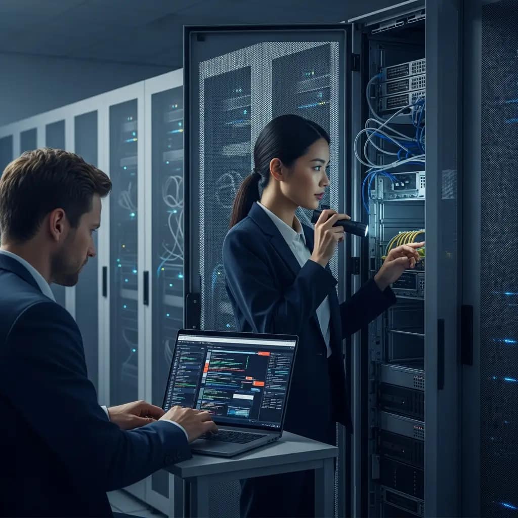 Profesionales de ciberseguridad auditan vulnerabilidades en un centro de datos moderno. Uno analiza código en laptop, el otro inspecciona servidores con linterna.