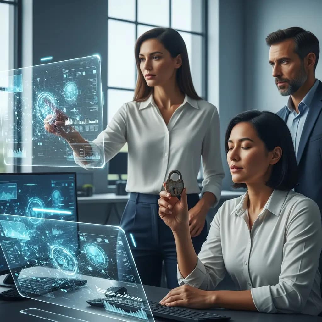 Equipo de ciberseguridad en un SOC futurista. Analizan amenazas, una mujer señala una anomalía, simbolizando defensas proactivas.