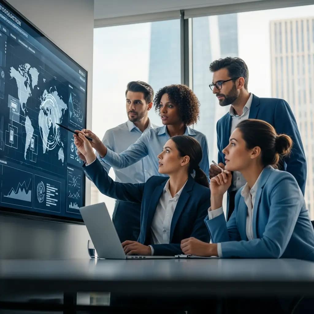 Cuatro profesionales analizan un mapa de ciberamenazas en pantalla interactiva, colaborando en sala ejecutiva. Ilustra la ciberseguridad proactiva.
