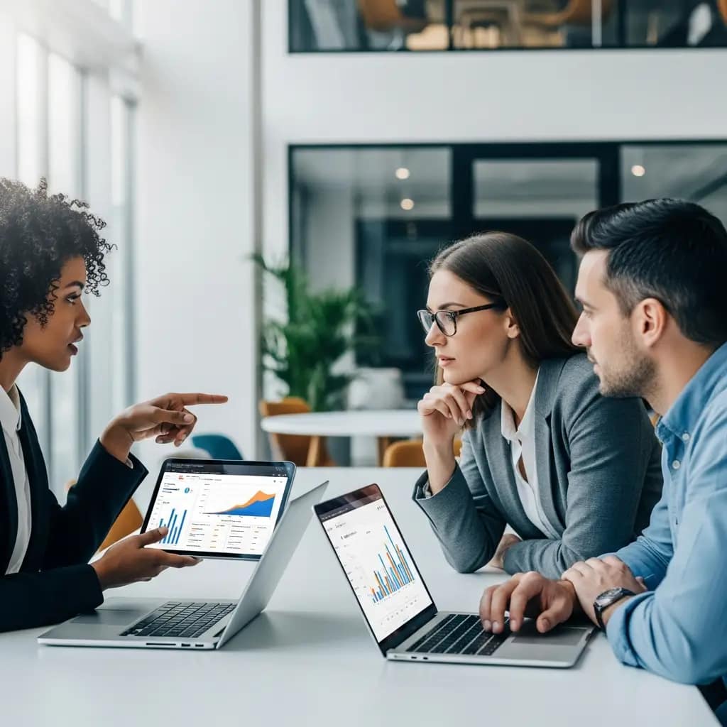 Profesionales diversos colaboran en un coworking, analizando datos en tablets y laptops para promover la IA ética y mitigar sesgos.