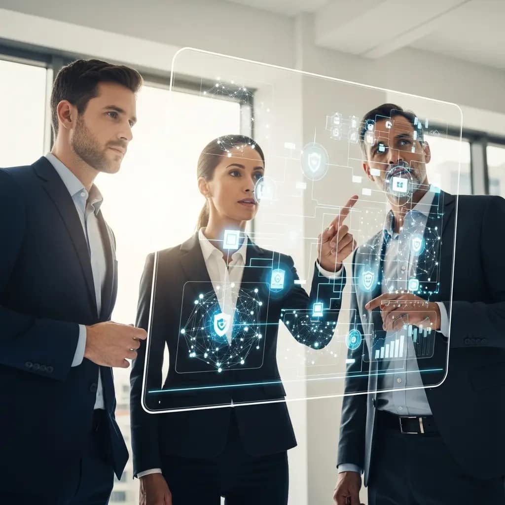 Tres ejecutivos estudian un diagrama de ciberseguridad y cumplimiento normativo NIS2 en una pantalla interactiva.