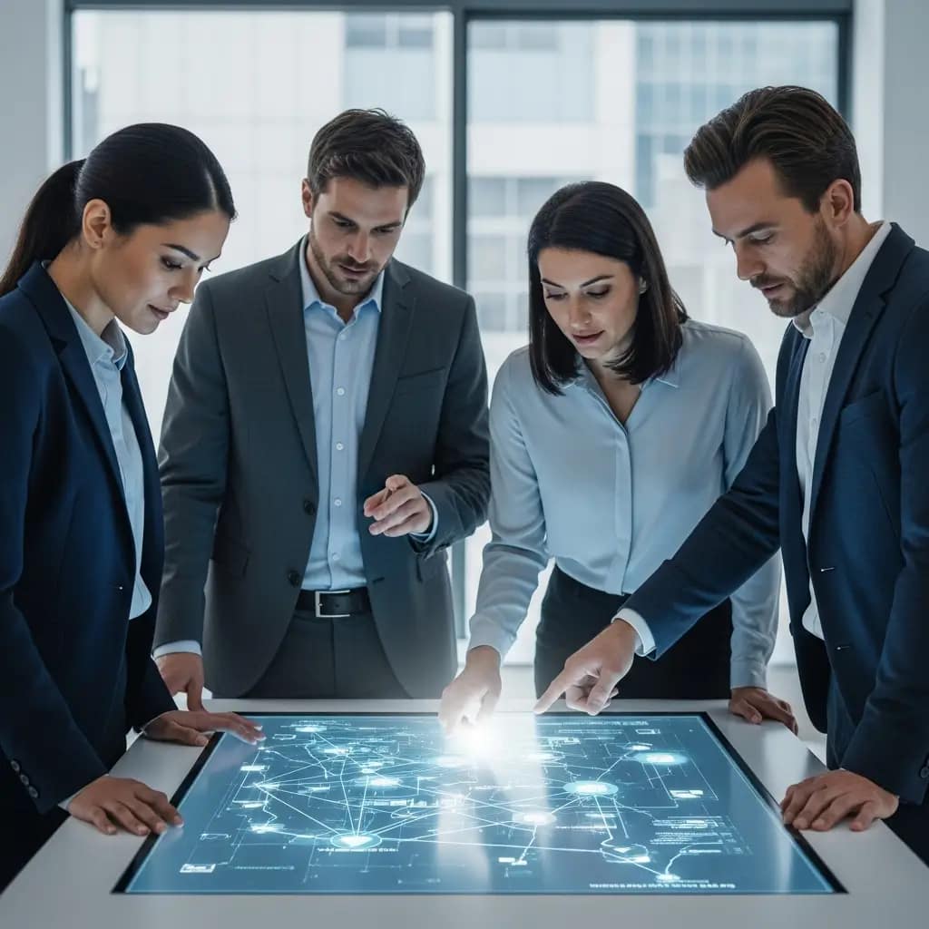 Cuatro profesionales discuten un complejo diagrama de red de cadena de suministro en una mesa digital, colaborando en ciberseguridad.