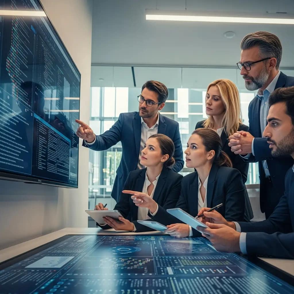 Equipo diverso de cinco profesionales en un laboratorio moderno analizando datos complejos en pantalla interactiva para IA ética y responsable.