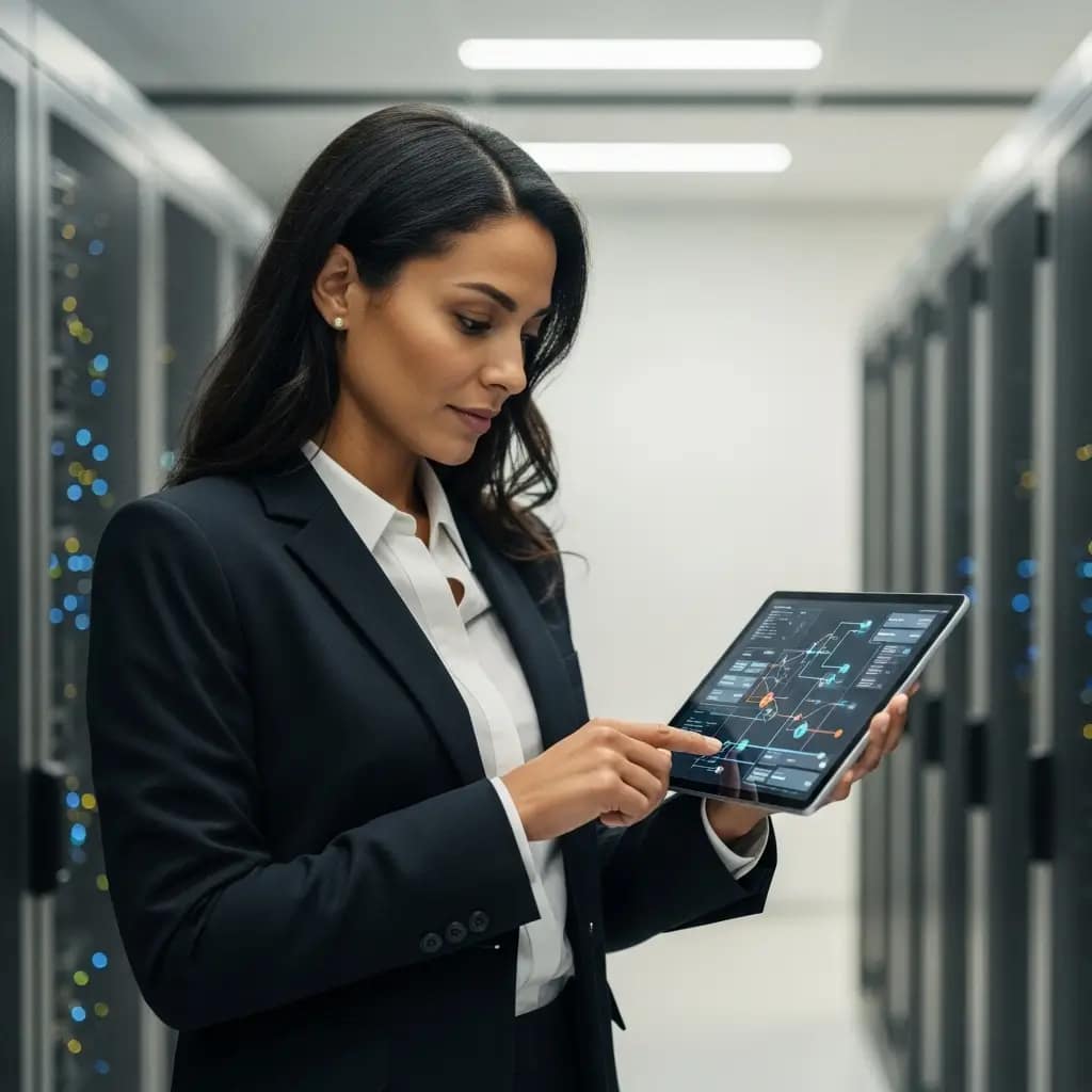Experta en ciberseguridad analiza diagrama de red con anomalía en centro de datos. Demuestra preparación estratégica y gestión de crisis.
