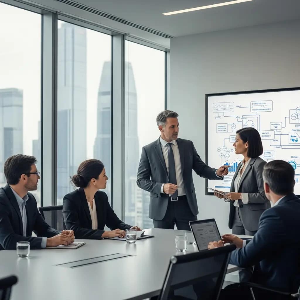 Líderes empresariales analizan un plan de continuidad y gestión de crisis de ciberseguridad, con gráficos en pantalla.