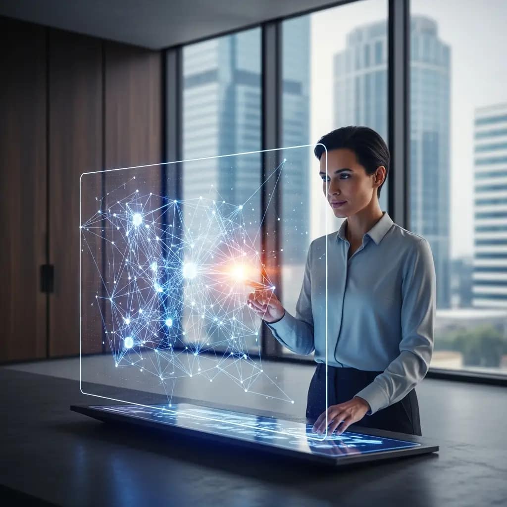 Científica en oficina de alta tecnología analiza visualización holográfica de red neuronal, detectando un sesgo para una IA ética.