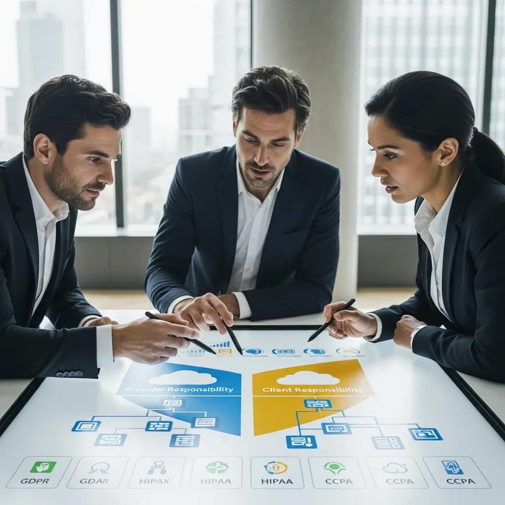 Tres profesionales discuten seguridad de datos y cumplimiento RGPD en la nube sobre un diagrama digital.