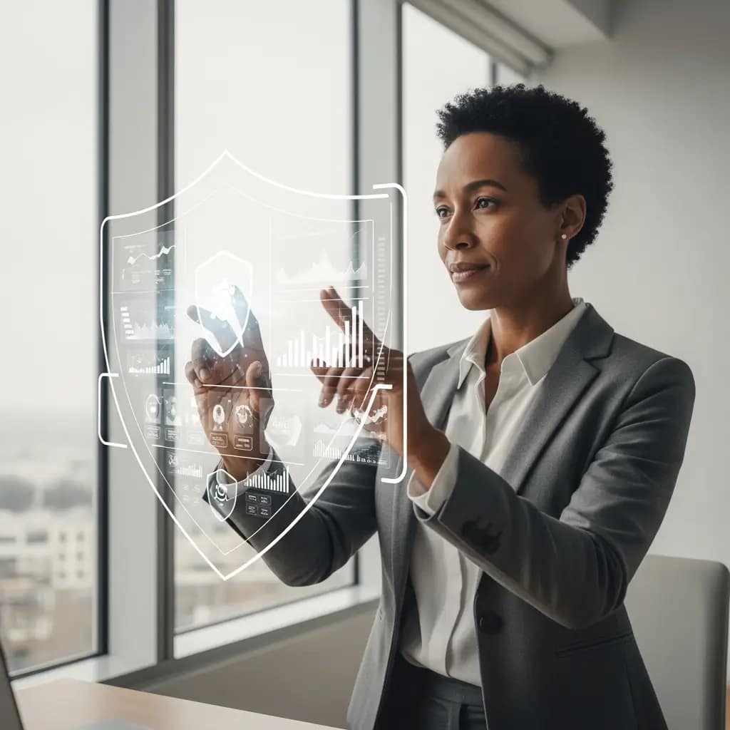 Profesional sereno interactúa con interfaz holográfica mostrando datos seguros, simbolizando protección estratégica de información en una oficina moderna.