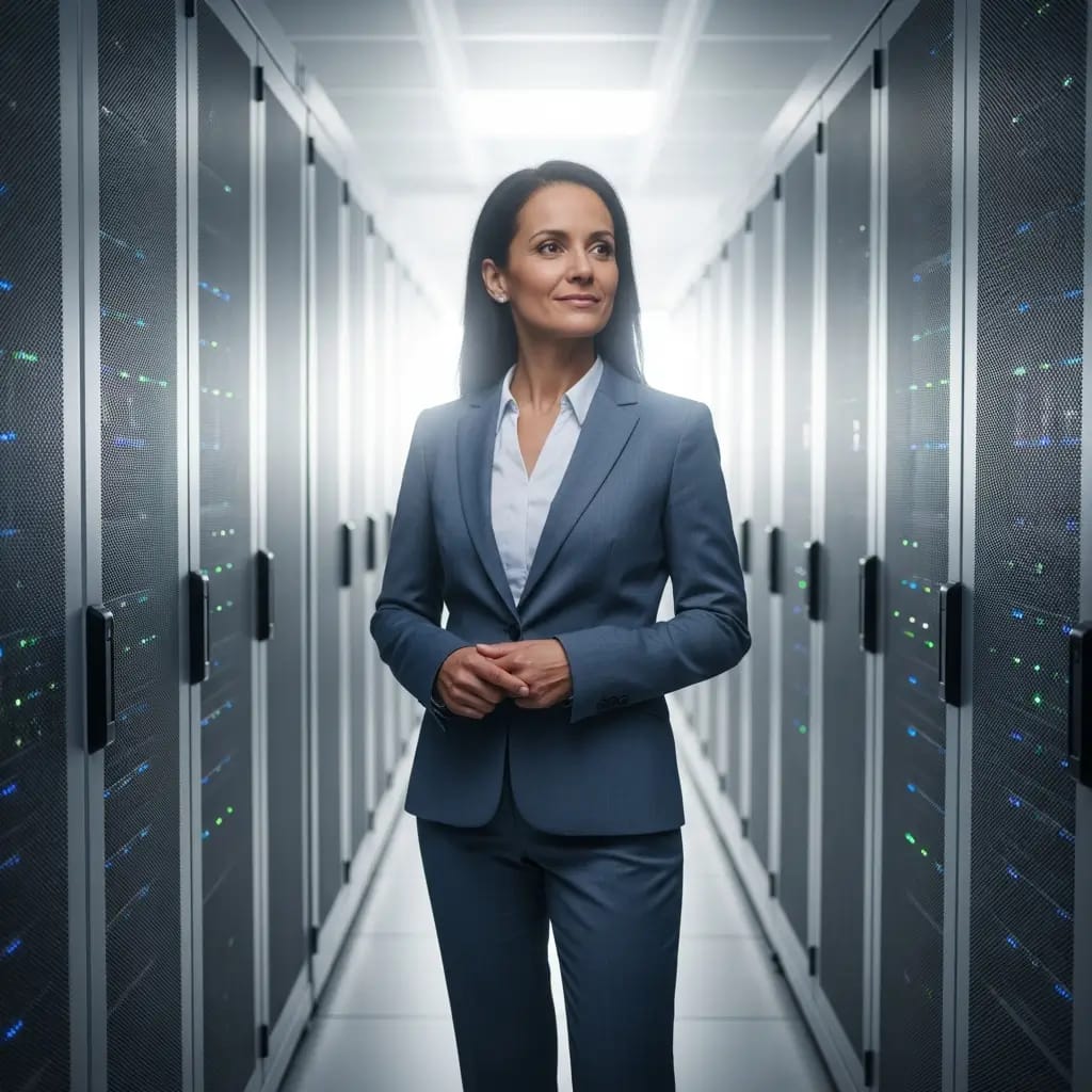 Ejecutiva de traje, confiada en un centro de datos. Rodeada de servidores, su expresión refleja control y resiliencia del negocio.