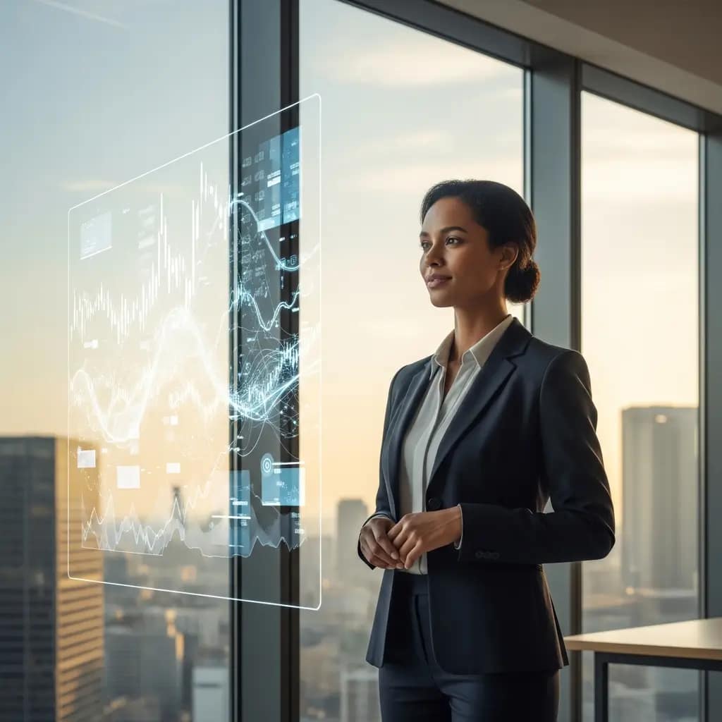 Ejecutiva financiera en oficina moderna mira datos financieros en pantalla digital transparente, simbolizando automatización y eficiencia.
