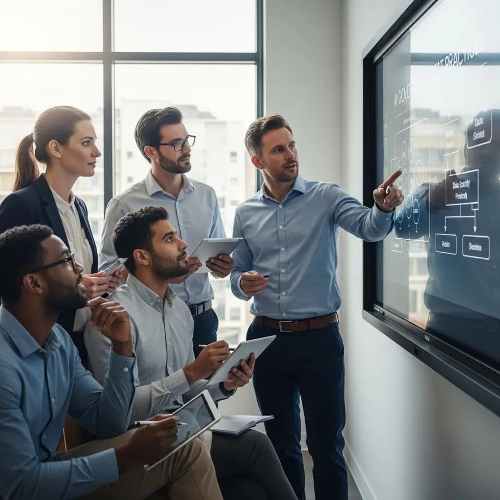 Grupo diverso de profesionales en una sala moderna aprendiendo sobre gobernanza de IA y protocolos de seguridad de datos en una pantalla interactiva.