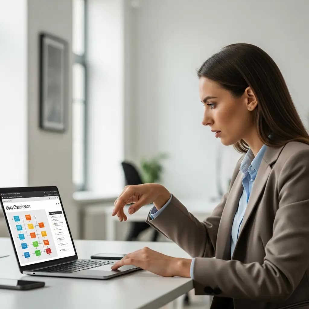 Profesional concentrada analiza datos en su laptop ergonómica, gestionando información crítica en una oficina moderna y luminosa.