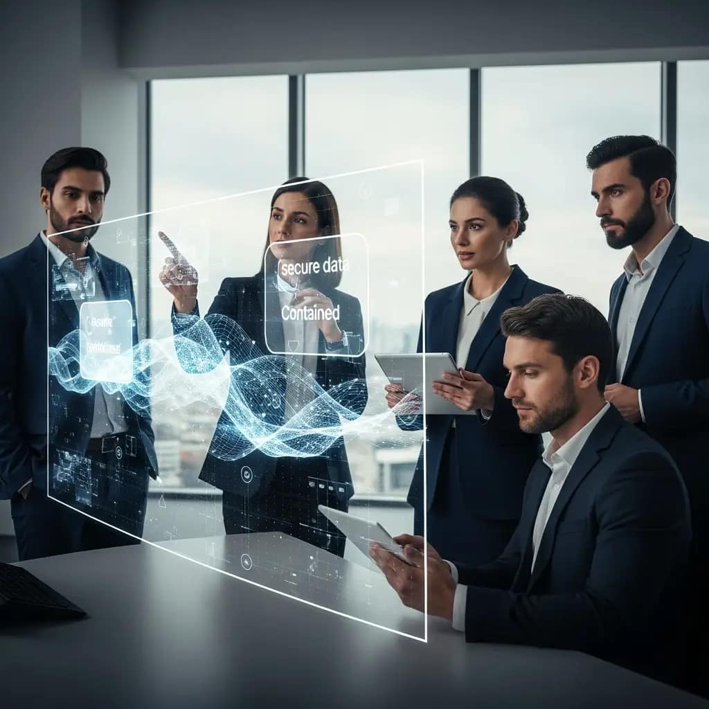 Profesionales diversos en un centro de mando tecnológico interactúan con pantalla holográfica de datos seguros.