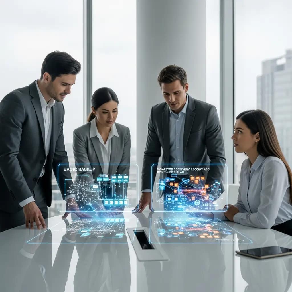 Profesionales analizan holograma de red, comparando backup básico con plan de recuperación ante desastres.