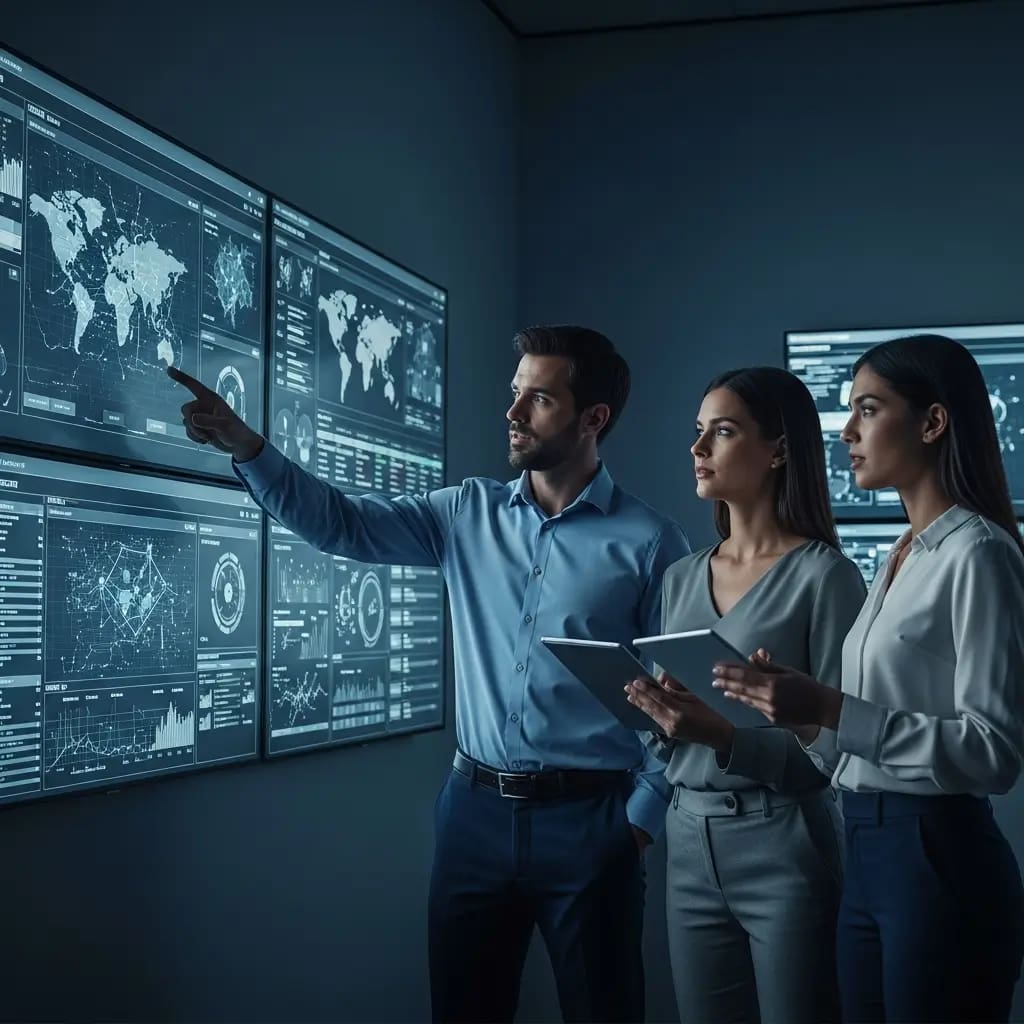 Profesionales en SOC de vanguardia monitorean ciberseguridad. Hombre señala anomalía en pantalla, mujeres observan y toman notas.