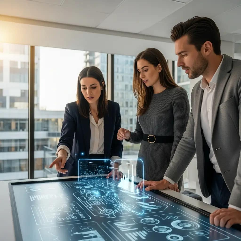Equipo financiero diverso colabora en mesa digital interactiva, analizando proyecciones y estrategias para optimizar la eficiencia empresarial.