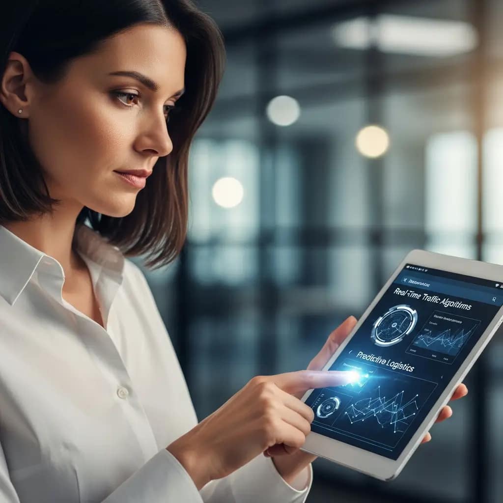 Profesional de logística analiza algoritmos de tráfico en tiempo real mediante una tablet táctil.