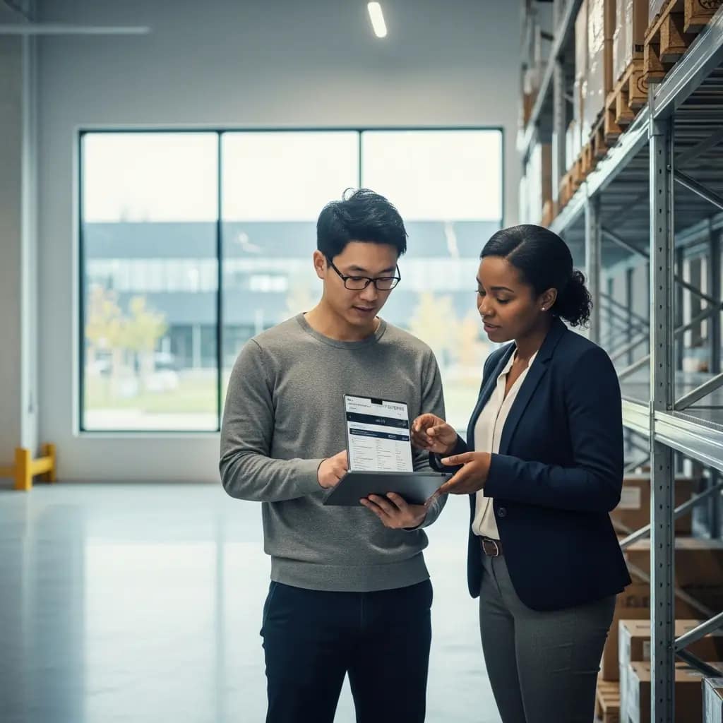 Un auditor y un gerente revisan un informe de seguridad en una tableta dentro de un centro logístico moderno.