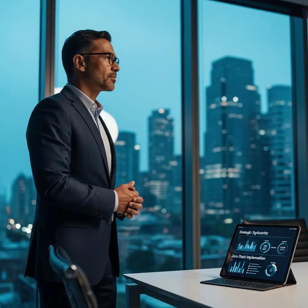 CEO diverso en oficina moderna, contemplando estrategia de ciberseguridad Zero Trust en tablet con vista urbana al atardecer.
